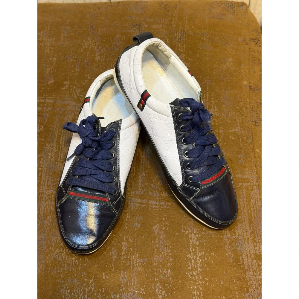 Gucci Low Top Sneakers Navy White Guccissima Leather Web Stripe Mens 10